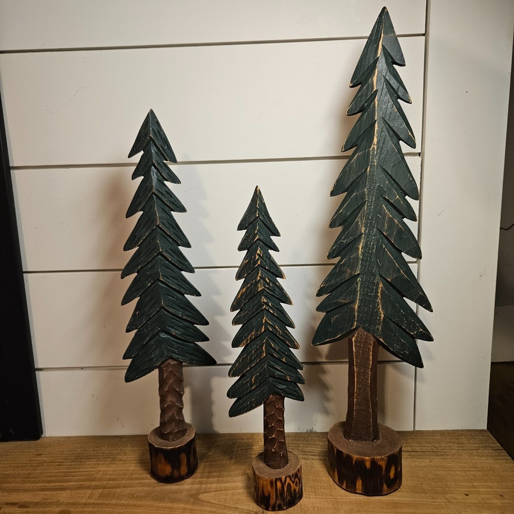 Set of 3 Rustic Hand Carved Wood Pine Trees Primitive Cabin Farmhouse Decor
